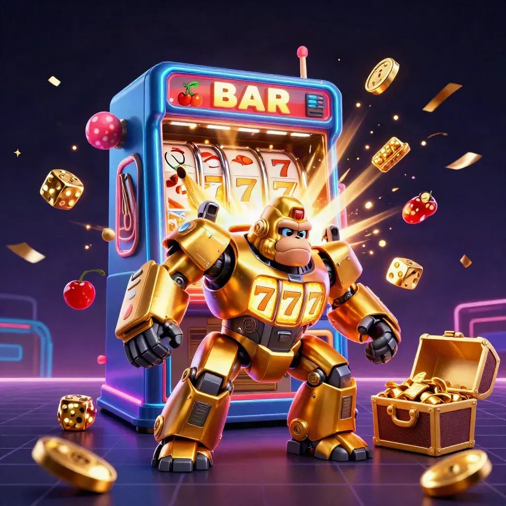Golden gorilla mech with tiny monkey pilot bursts from a slot machine amid jackpots and neon confetti.