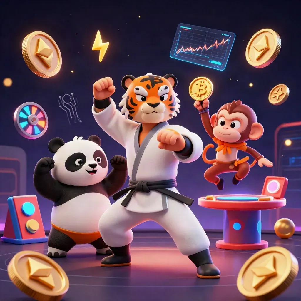 Kung-fu tiger, panda, and monkey in a luxe casino room with glowing coins and neon effects.