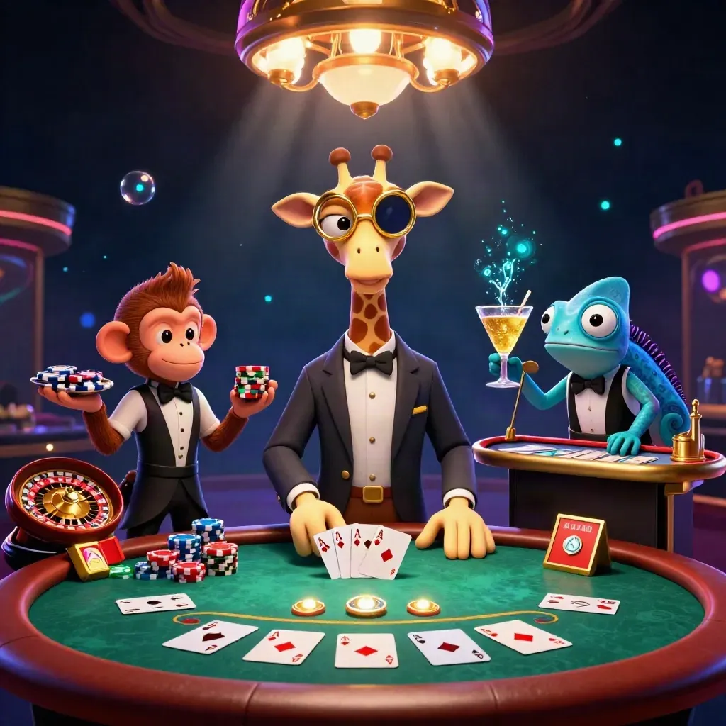 Giraffe, monkey, and chameleon in a glowing casino scene with poker, roulette, and luxury lighting.