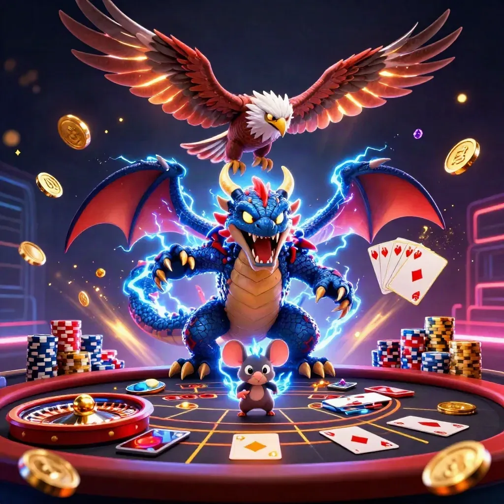 Thunder dragon, glowing hawk, and static mouse amid casino lights, coins, wheel, chips.