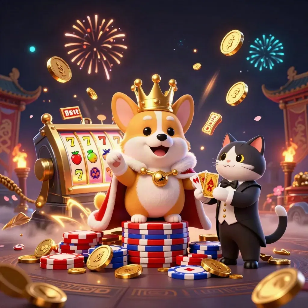 Royal corgi and cat butler amid coins, fireworks, reels, and a bursting treasure vault